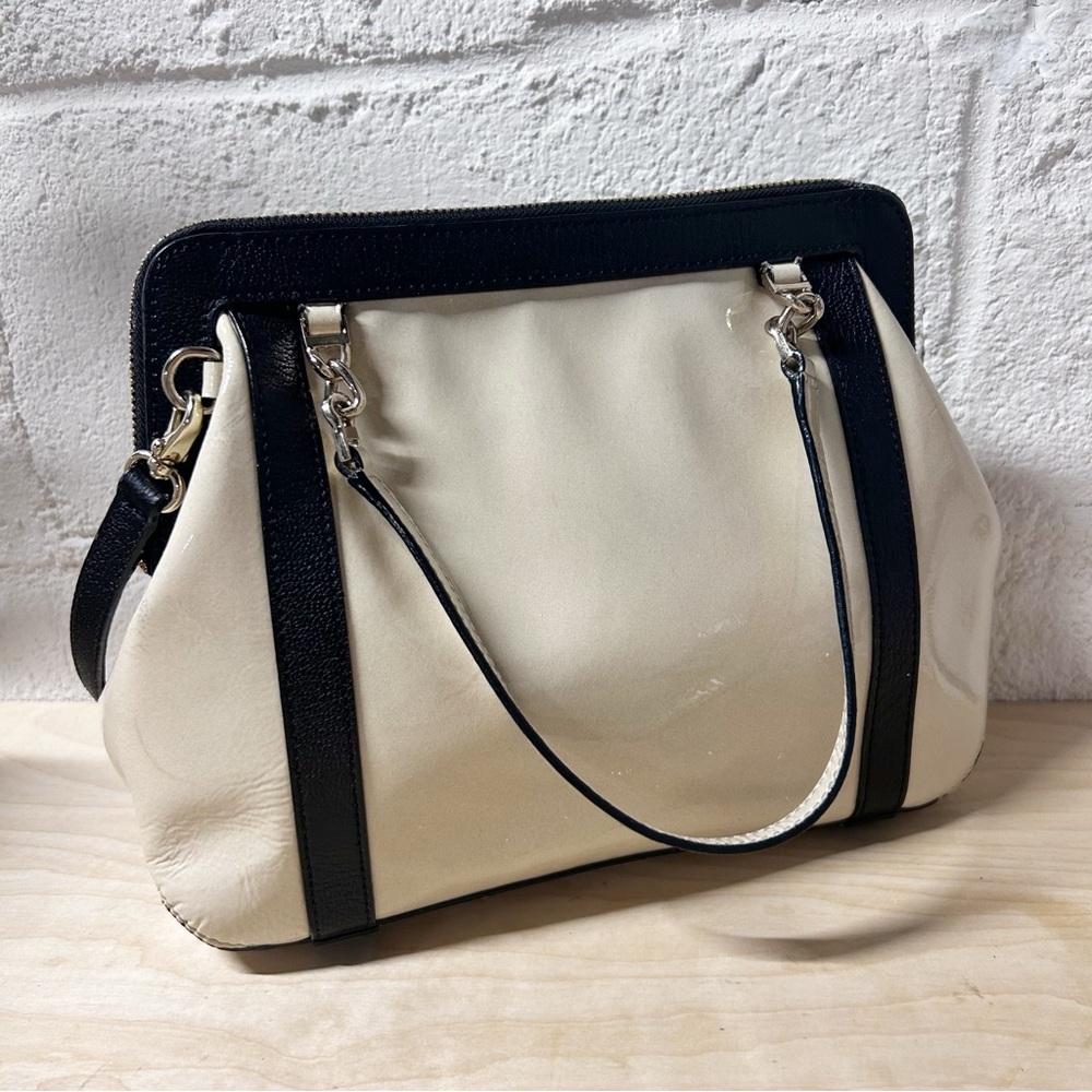 Kate Spade Auburn Place Cayton Satchel Bag Patent Cow Leather Cream and Black - Picture 3 of 15